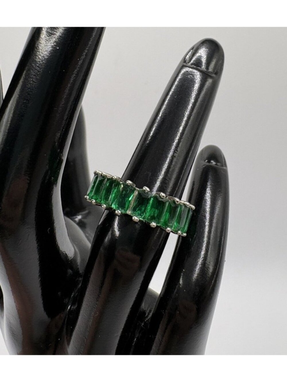 Sterling Silver Faux Emerald Baguette Eternity Band Ring Size 5 Stack